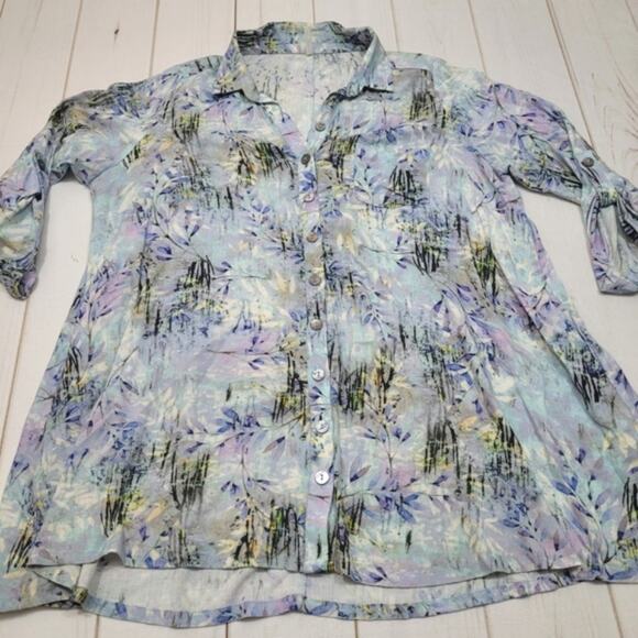 Blue sky linen and bamboo botanical button down top shirt - Picture 1 of 10